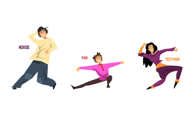Set of Various Styles of Dancing, Professional Dancers Performing House, Folk, Tektonik Cartoon Vector Illustration