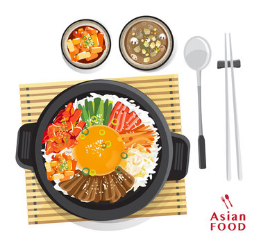 Korean Bibimbap set, Rice mixing with various ingredients in black bowl, top view vector illustration