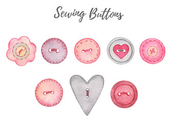 Watercolor Needlework Pink Grey Sewing Buttons illustration