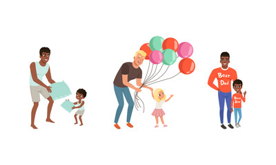 Happy Fatherhood Concept, Set of Fathers and their Kids Spending Time Together, Children Playing, Walking, Celebrating Holidays with Dad Cartoon Vector Illustration
