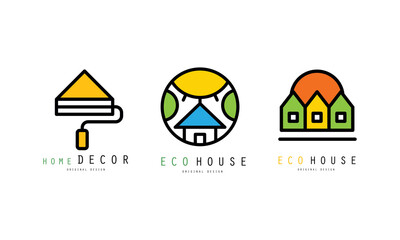 Home Decor, Eo House Logo Collection, Real Estate, Construction Company Green Badges Flat Vector Illustration