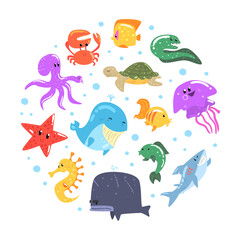 Marine Animals in Circular Shape, Underwater World Banner, Poster, Card, Flyer Design Template Cartoon Vector Illustration