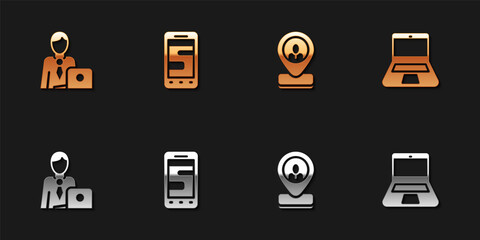 Set Businessman, Chat messages on phone, Worker location and Laptop icon. Vector.