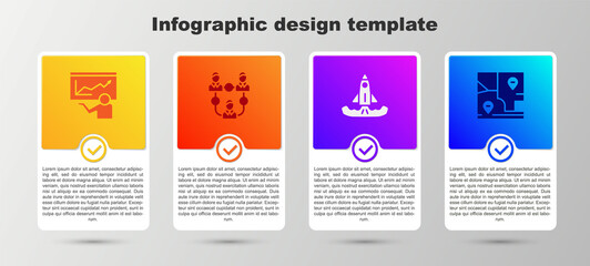 Set Training, presentation, Project team base, Rocket and Folded map with location. Business infographic template. Vector.