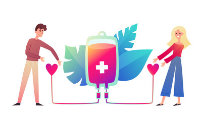 Vector neon illustration of blood donation concept with people.