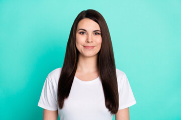 Photo of young attractive woman happy positive smile wear white t-shirt isolated over teal color background