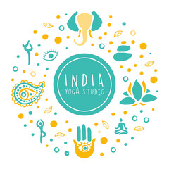 India Yoga Studio Banner, Ayurveda, Traditional Medicine, Meditation Class and Spiritual Practice Card, Poster, Background Hand Drawn Vector Illustration