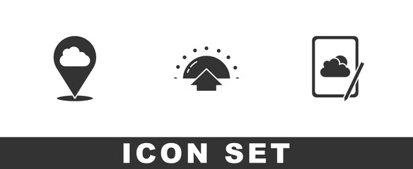 Set Location cloud, Sunrise and Weather forecast icon. Vector.