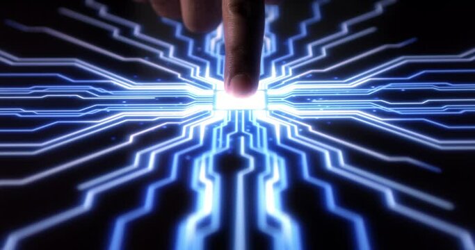 Human Finger Activates Futuristic Artificial Intelligence Computer. Powerful High Tech Computers. Machine Learning In Progress. 