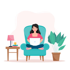 Girl sitting on an armchair and working from home, student or freelancer. Home office concept. Flat vector illustration.