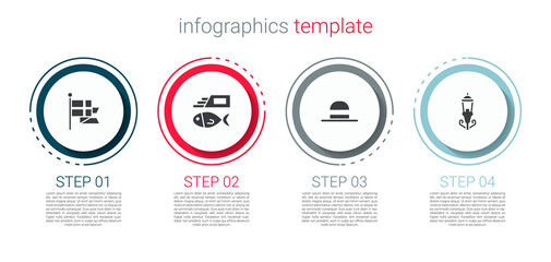 Set England flag on flagpole, Fish chips, Elegant women hat and Vintage street light. Business infographic template. Vector.