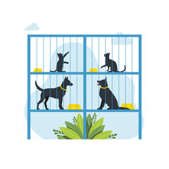 Animal Shelter Concept. Lonely Animals In Cages Wait For The Adoption. Rehabilitation or Adoption Center for Stray Pets. Adoption center for stray and homeless pets. Cute cats, lonely dogs.