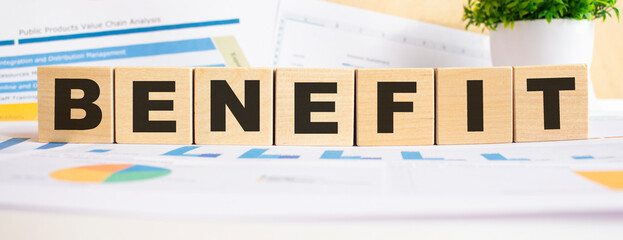 BENEFIT word on wooden cubes. The background is a business graphs. Business and finance concept
