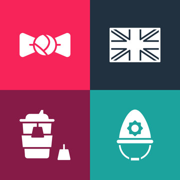Set pop art British police helmet, Coffee cup to go, Flag Great Britain and Bow tie icon. Vector.