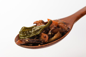 Stir-fried octopus on white background