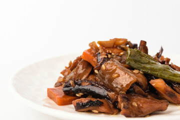 Stir-fried octopus on white background