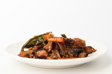 Stir-fried octopus on white background