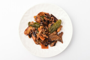 Stir-fried octopus on white background