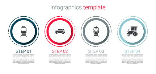 Set Train and railway, Hatchback car, and Tractor. Business infographic template. Vector.