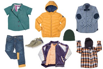 Collage set of little boy spring clothing isolated on a white background. Denim trouser or pants, a...