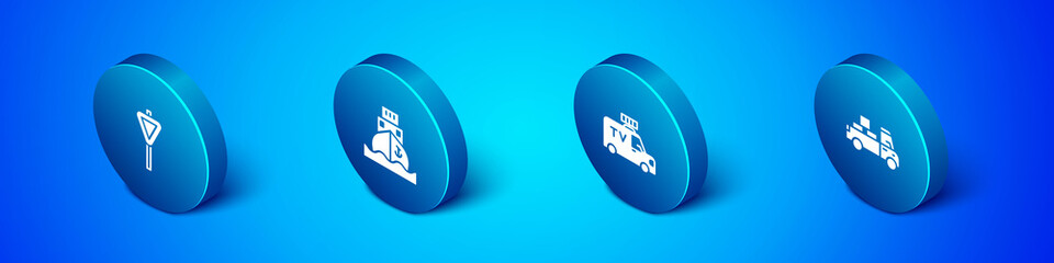 Set Isometric Road traffic signpost, TV News car, Delivery truck and Cargo ship icon. Vector.