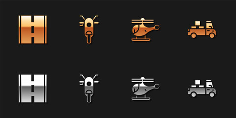 Set Road, Scooter, Helicopter and Delivery truck icon. Vector.