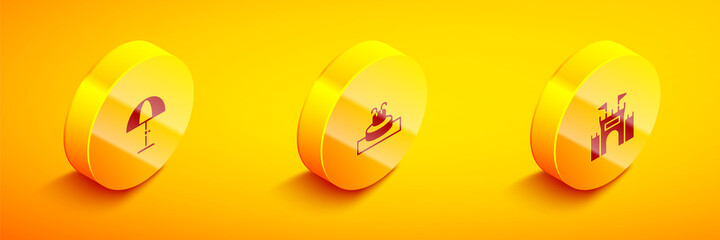 Set Isometric Sun protective umbrella, Fountain and Castle icon. Vector.