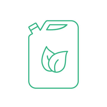 Biofuel can line icon. Biomass energy concept. Green fuel canister with leaves. Jerrycan with eco friendly fuel. Alternative sustainable resources. Renewable energy. Vector illustration, flat,clip art