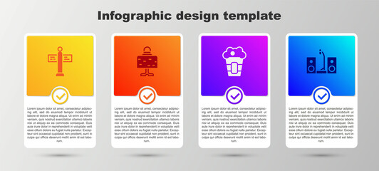 Set Road traffic signpost, Magic ball on table, Popcorn in box and Home stereo with two speakers. Business infographic template. Vector.