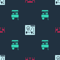 Set Picnic table with chairs, Amusement park map and Fast street food cart on seamless pattern. Vector.