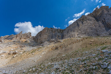 Bottom view on the imposing western face of Mount Settsass, Dolomites, Italy