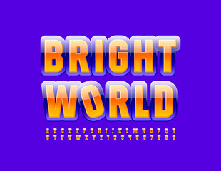 Vector modern Emblem Bright World. Colorful Glossy Font. Artistic Alphabet Letters and Numbers set