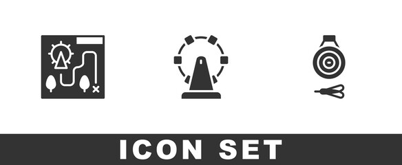 Set Amusement park map, Ferris wheel and Classic dart board and arrow icon. Vector.