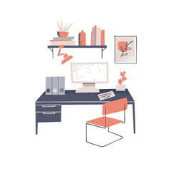 Furniture store concept. Workspace interior design. Furniture elements set table and chair, bookshelf, home plant, computer and painting. Home decor and accessories. Vector illustration in flat style