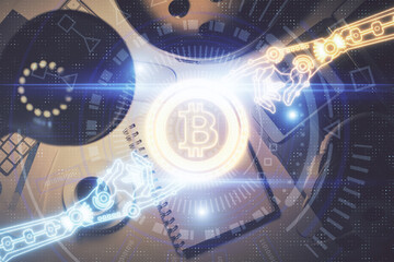 Multi exposure of crypto theme drawing and work table top veiw. Concept of blockchain technology in business.