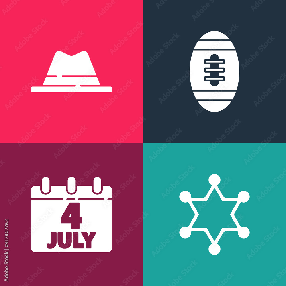 Poster set pop art hexagram sheriff, calendar with date july 4, american football ball and man hat ribbon i