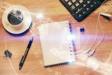 Double exposure of data theme drawing and office interior background. Concept of technology.