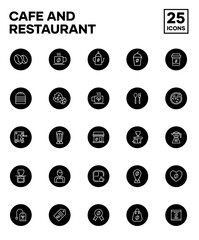 Set of Cafe and Restaurant icons with rounded filled style. Including coffee beans, coffee shop, pizza, tea, and snacks. Editable stroke vector