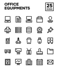 Office material icon set with line style. Including computers, laptops, printers, air conditioners, consoles, and office tools. Editable stroke vector