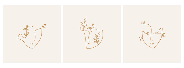 One line drawing abstract faces or portraits with leaves. Greek or greece modern style. Vector illustration, template, logo emblem design. Editable stroke.