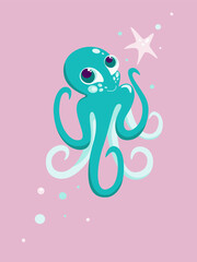 Cute blue octopuson pink background, vector illustration, sea character for children's posters in the interior, design of printed products, postcards, calendars, print on fabric. 