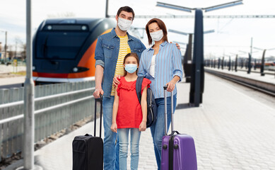 Fototapeta na wymiar family, tourism and health care concept - mother, father and little daughter in mask with travel bags over train on railway station on background
