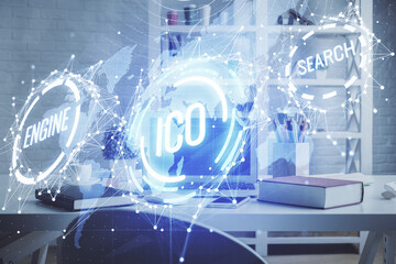 Double exposure of crypto technology theme drawing and office interior background. Concept of blockchain.