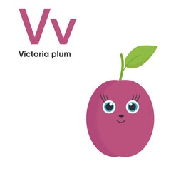 Cute Vegetables and Fruit Alphabet Series A-Z. Vector ABC. Letter Vv. Victoria plum. Cartoon fruits and vegetables alphabet for kids. Isolated vector icons Education, baby shower children prints, deco