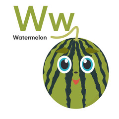 Cute Vegetables and Fruit Alphabet Series A-Z. Vector ABC. Letter Ww. Watermelon. Cartoon fruits and vegetables alphabet for kids. Isolated vector icons Education, baby shower children prints, decor