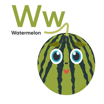 Cute Vegetables and Fruit Alphabet Series A-Z. Vector ABC. Letter Ww. Watermelon. Cartoon fruits and vegetables alphabet for kids. Isolated vector icons Education, baby shower children prints, decor