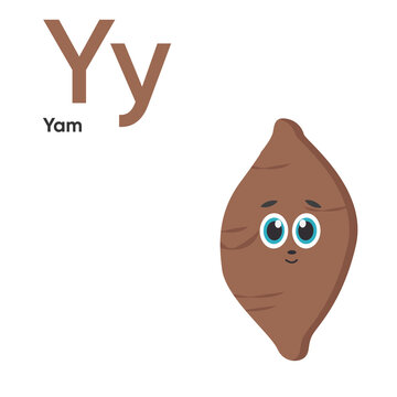 Cute Vegetables and Fruit Alphabet Series A-Z. Vector ABC. Letter Yy. Yam. Cartoon fruits and vegetables alphabet for kids. Isolated vector icons Education, baby shower children prints, decor, card