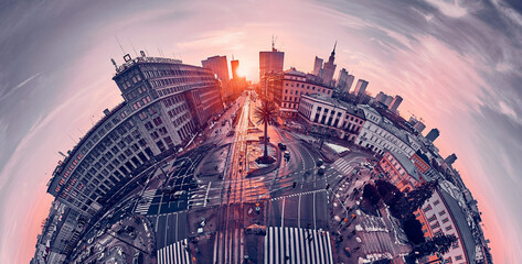 Beautiful panoramic aerial sunset drone skyline view of the Warsaw City Centre with skyscrapers of...