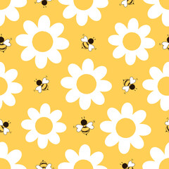 Seamless pattern with daisy flower and flying bee cartoons on yellow background vector illustration.