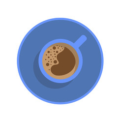 Blue cup of coffee, top view. Vector illustration. Minimalistic print in flat style. Blue and brown colors. Image for coffee shops, banners, cards, design and decor